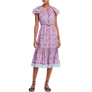 Bell Eva Floral Cotton Silk Tie Neck Midi Dress
